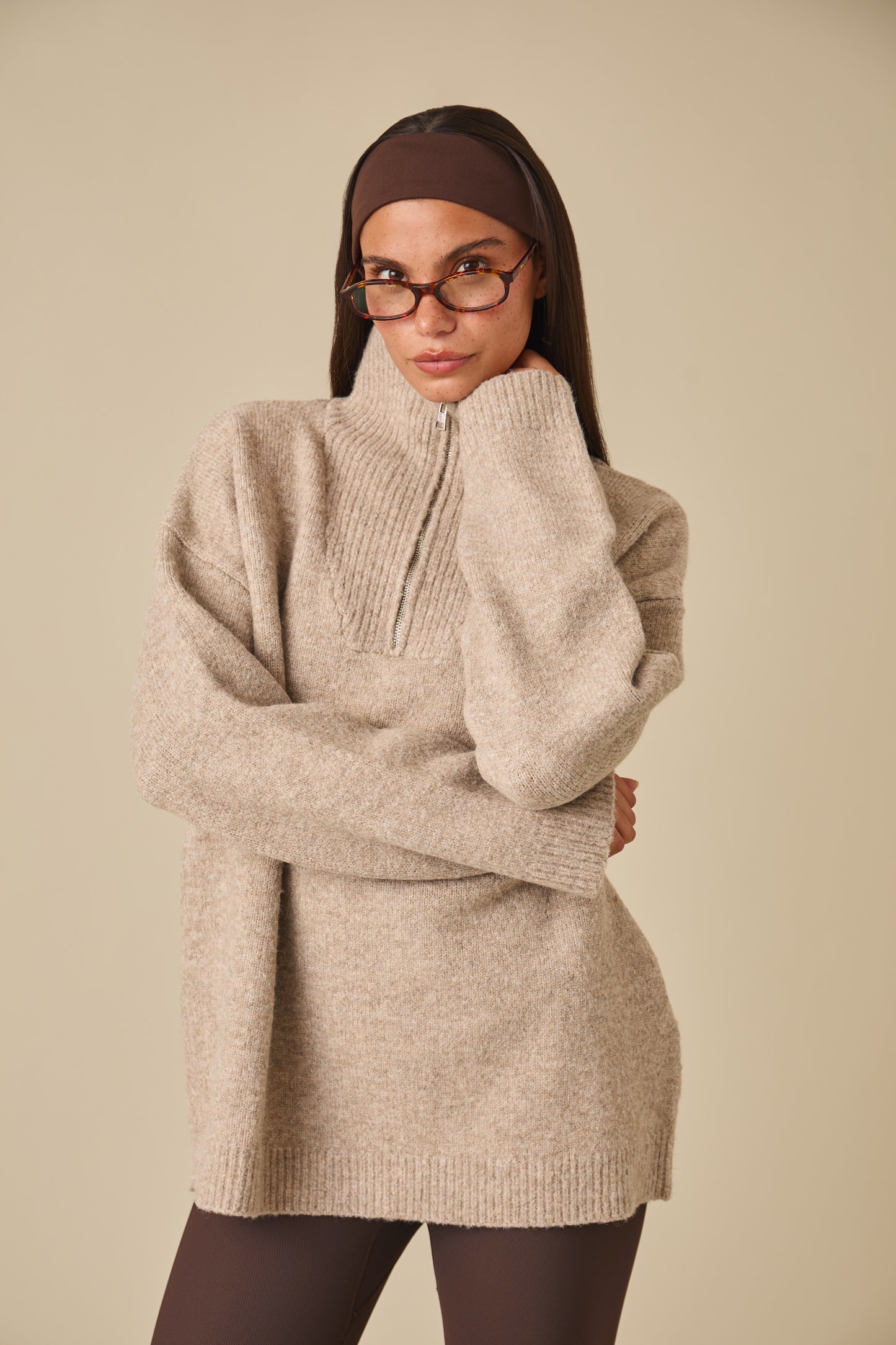 Oversized Quarter Zip Knitted Jumper - Oatmeal