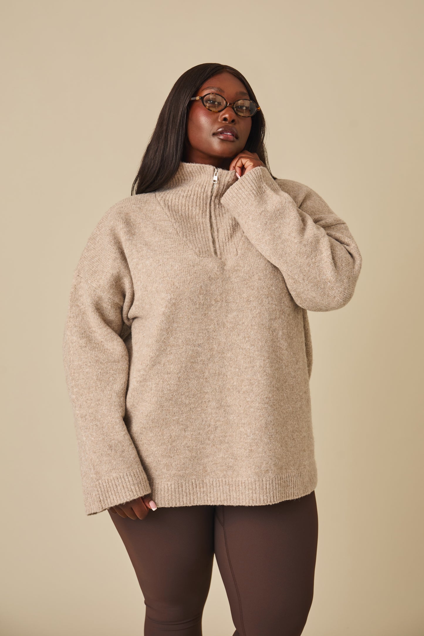 Oversized Quarter Zip Knitted Jumper - Oatmeal