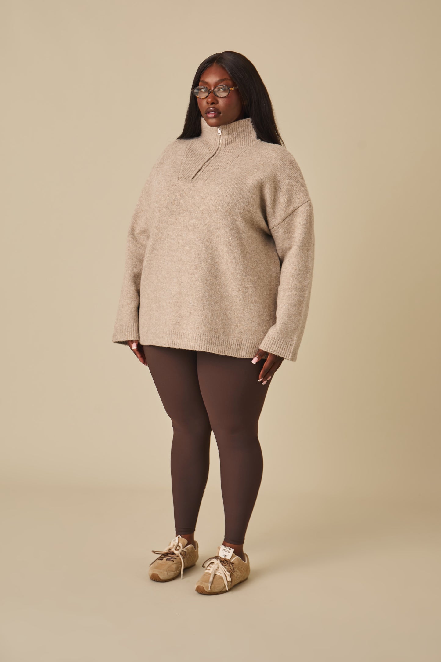 Oversized Quarter Zip Knitted Jumper - Oatmeal