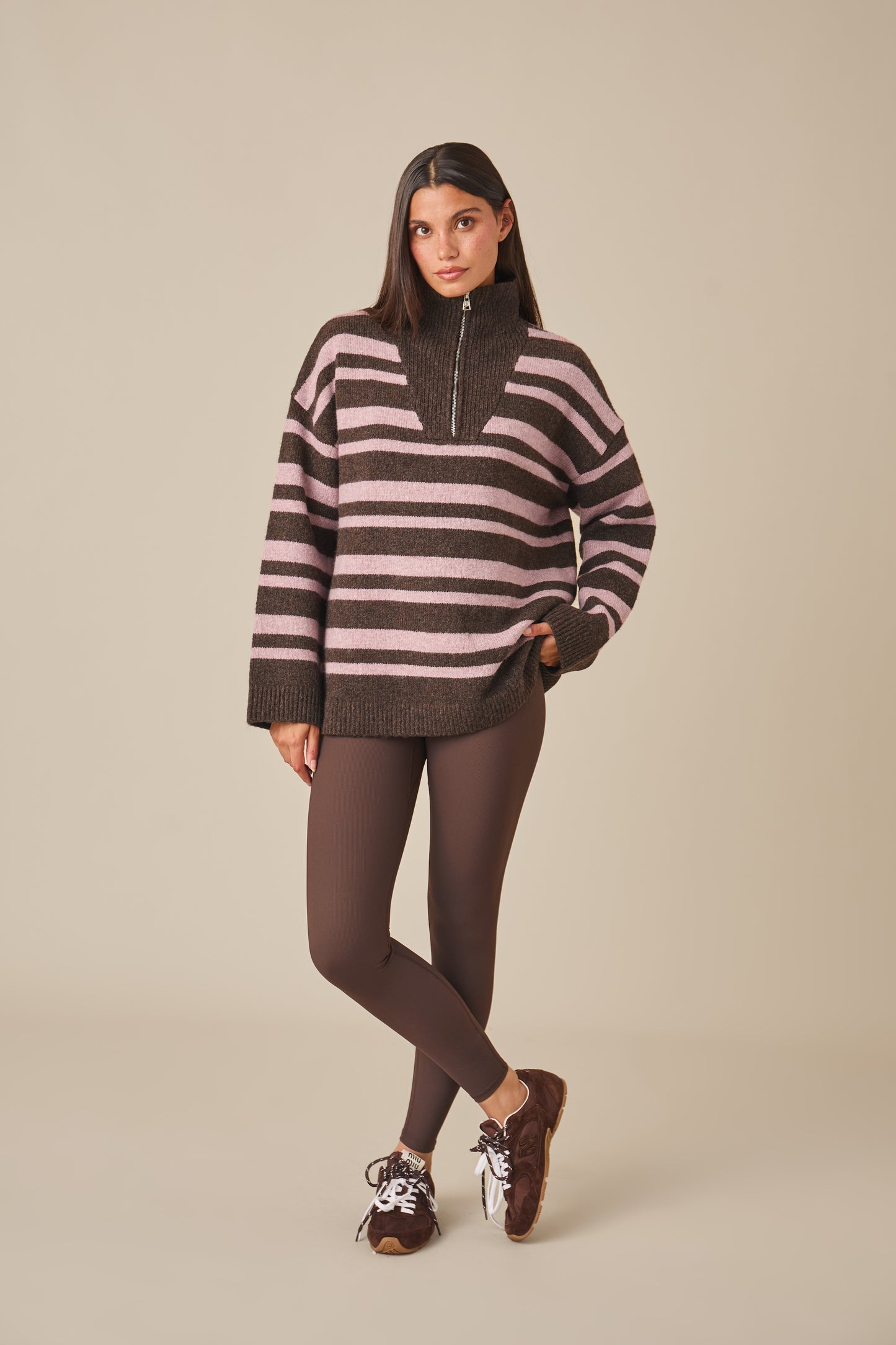 Oversized Stripe Quarter Zip Knitted Jumper - Vintage Pink