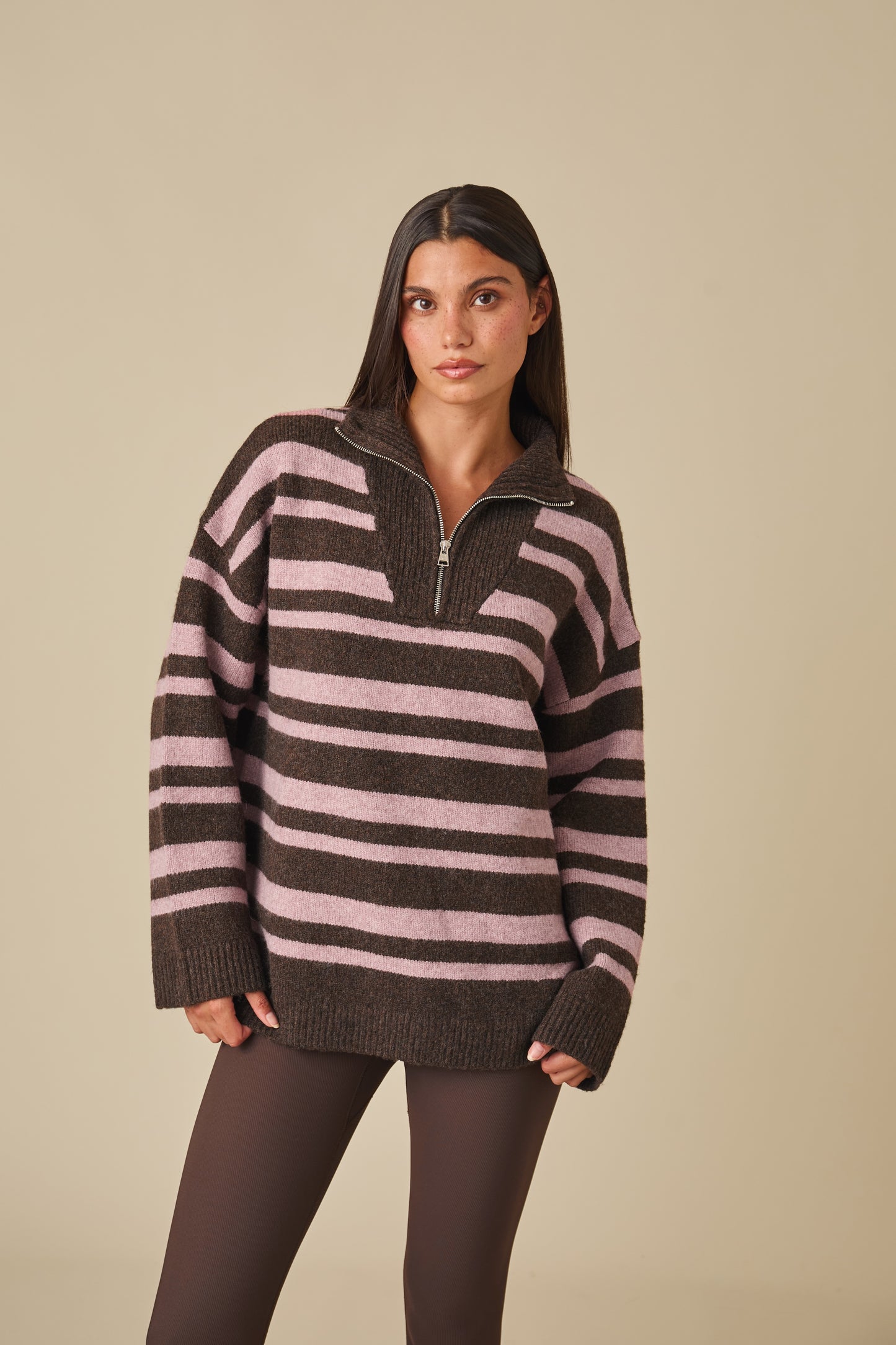 Oversized Stripe Quarter Zip Knitted Jumper - Vintage Pink