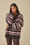 Oversized Stripe Quarter Zip Knitted Jumper - Vintage Pink