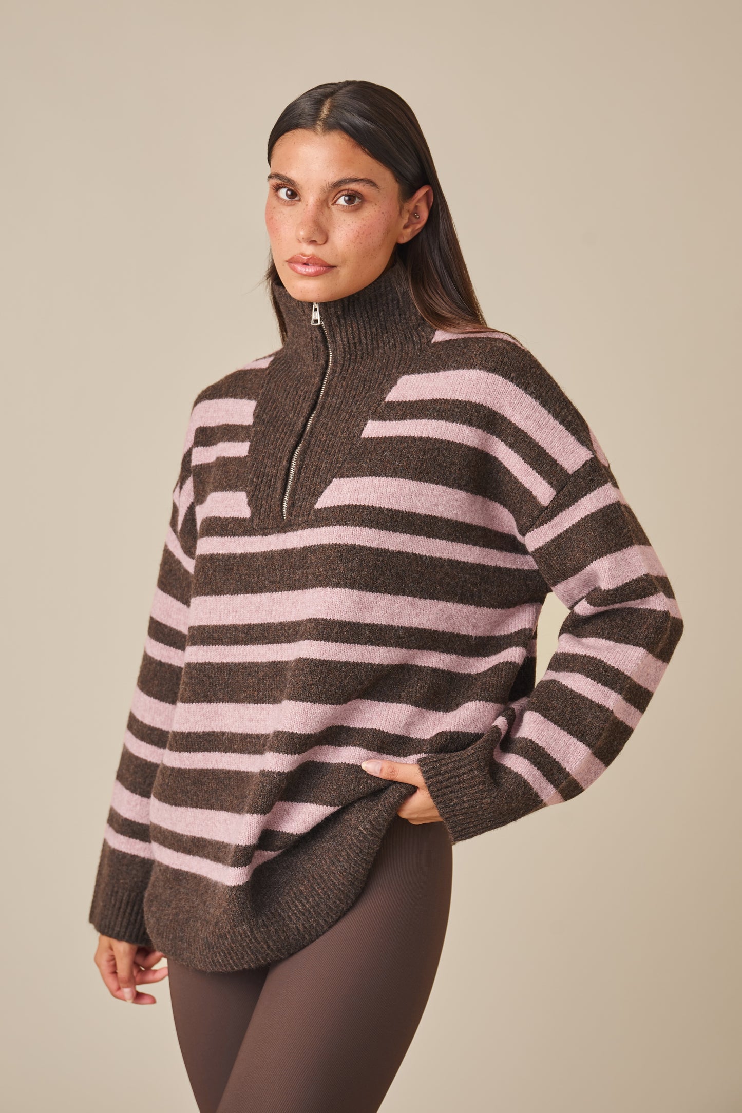 Oversized Stripe Quarter Zip Knitted Jumper - Vintage Pink