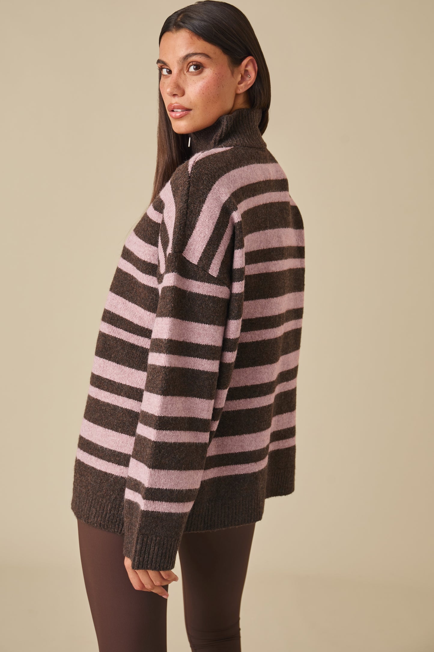 Oversized Stripe Quarter Zip Knitted Jumper - Vintage Pink
