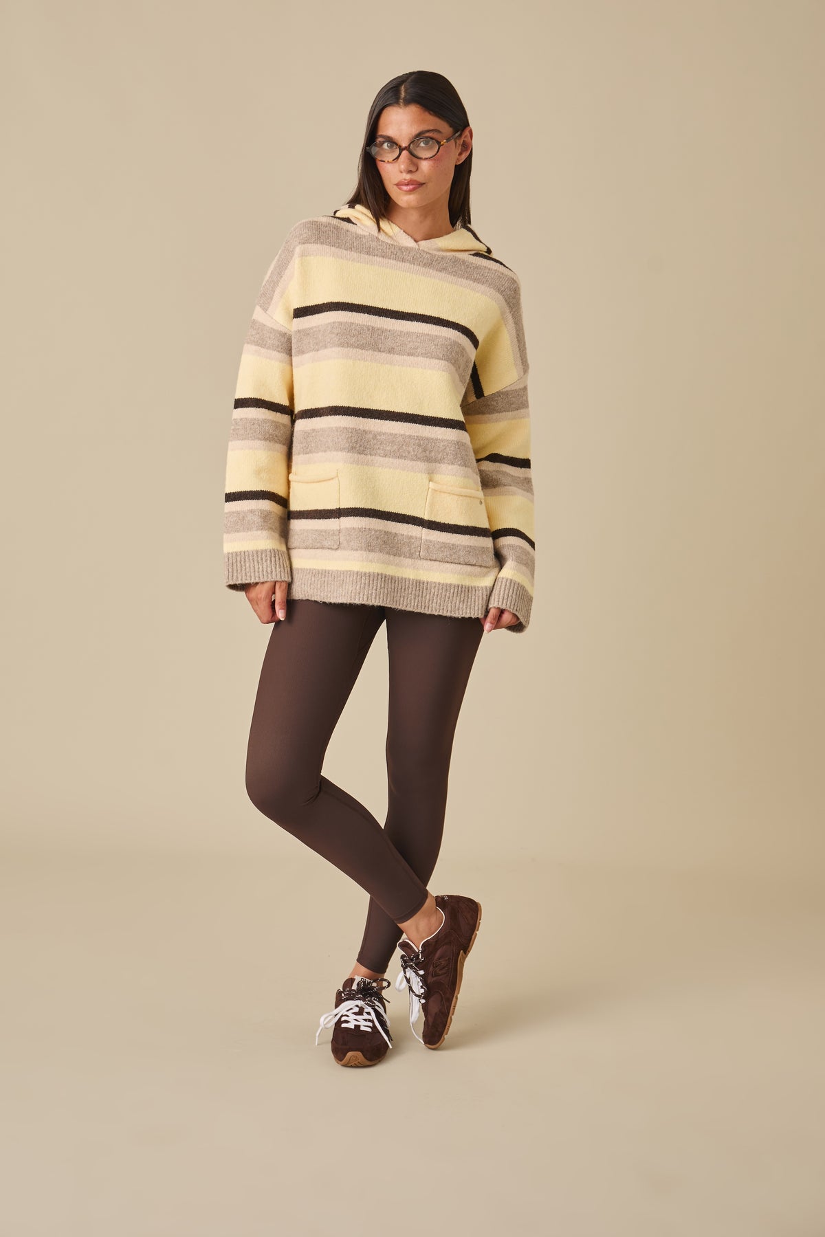 Stripe Oversized Knitted Hoodie - Oatmeal
