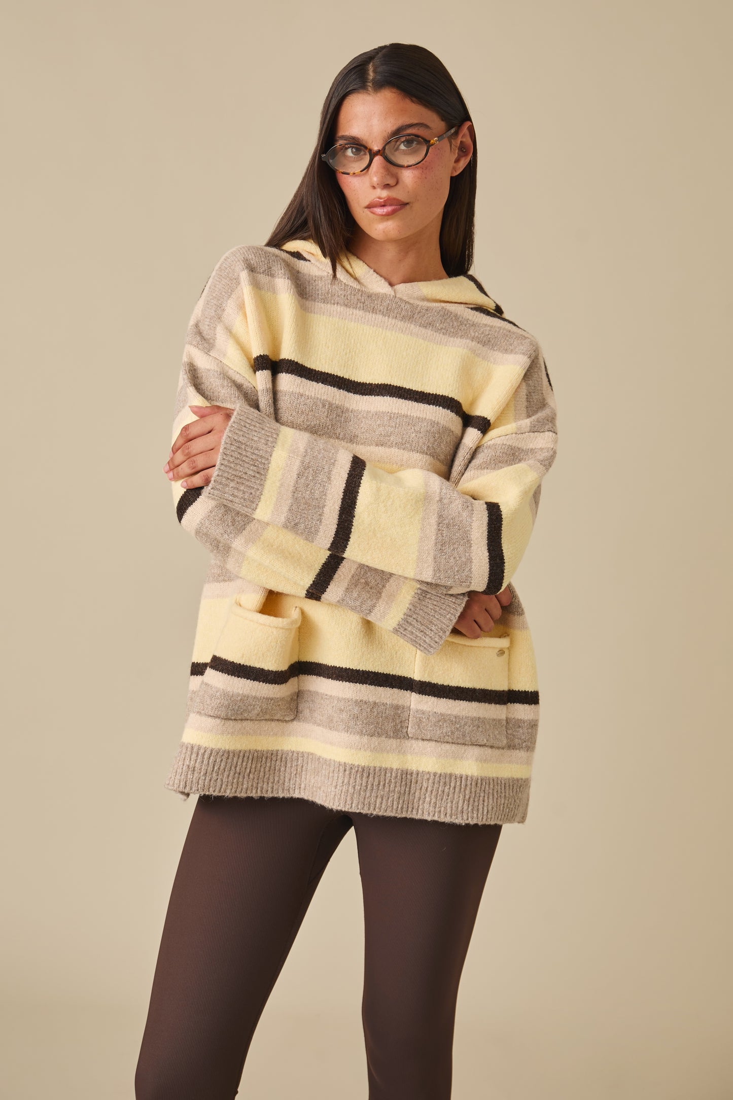 Stripe Oversized Knitted Hoodie - Oatmeal
