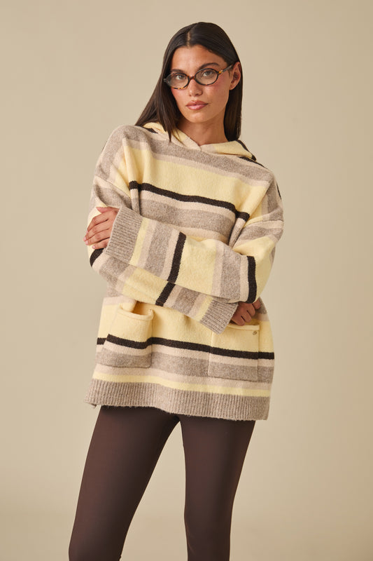 Stripe Oversized Knitted Hoodie - Oatmeal