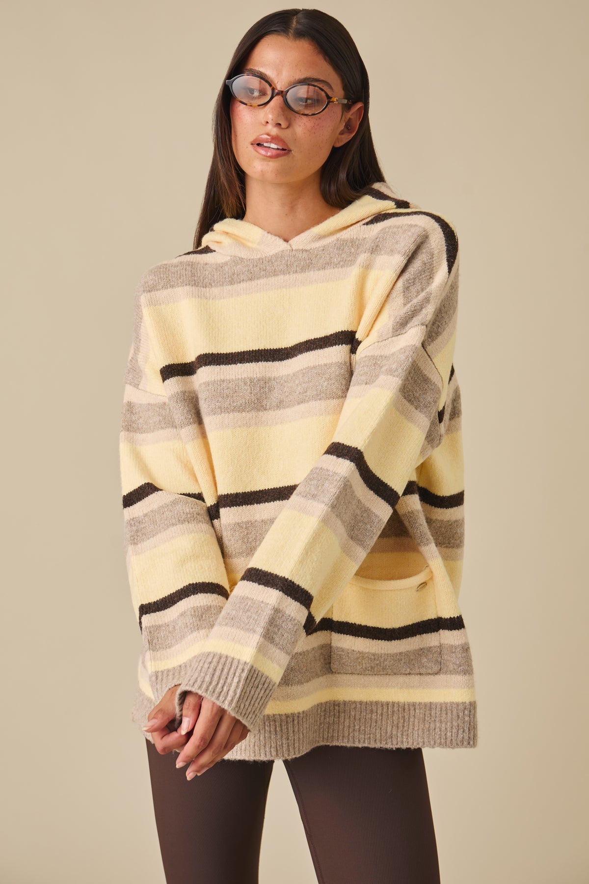 Stripe Oversized Knitted Hoodie - Oatmeal