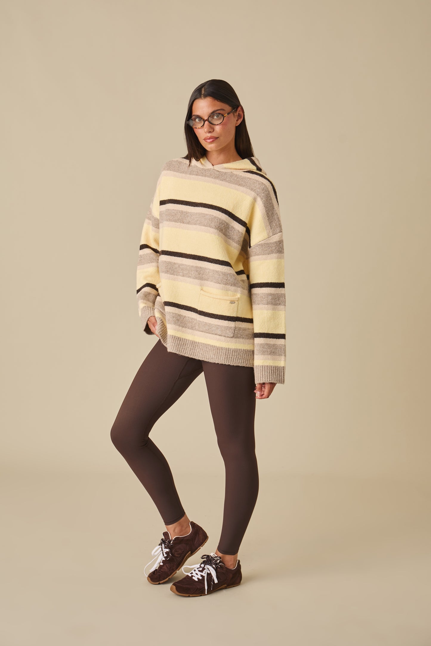Stripe Oversized Knitted Hoodie - Oatmeal