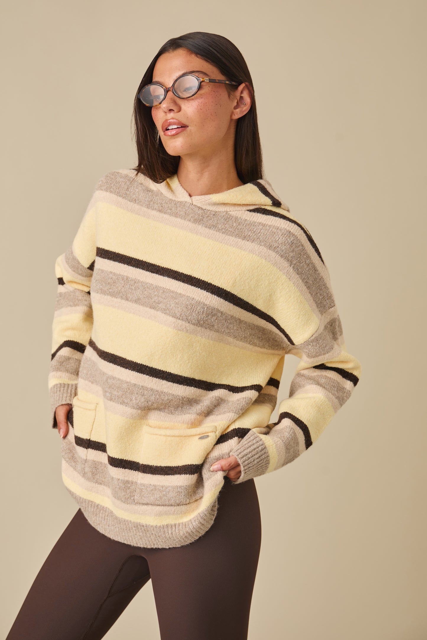 Stripe Oversized Knitted Hoodie - Oatmeal