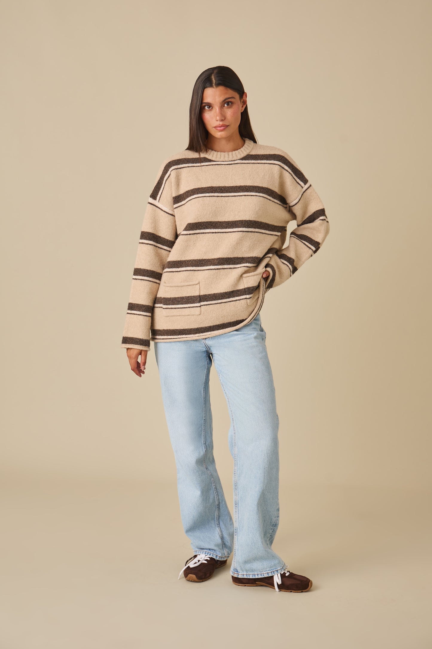 Oversized Stripe Knitted Crew Neck Jumper - Oatmeal