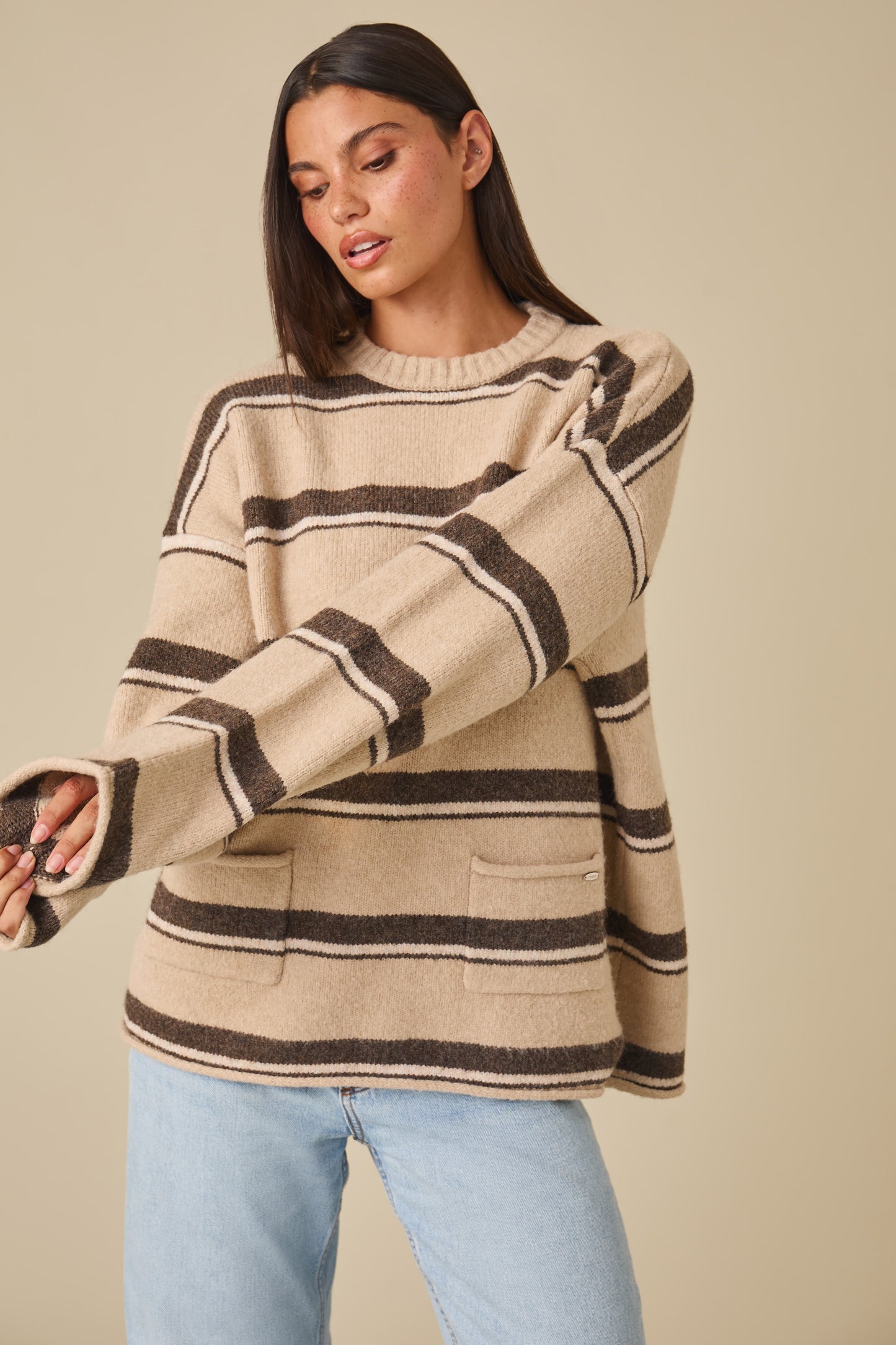 Oversized Stripe Knitted Crew Neck Jumper - Oatmeal