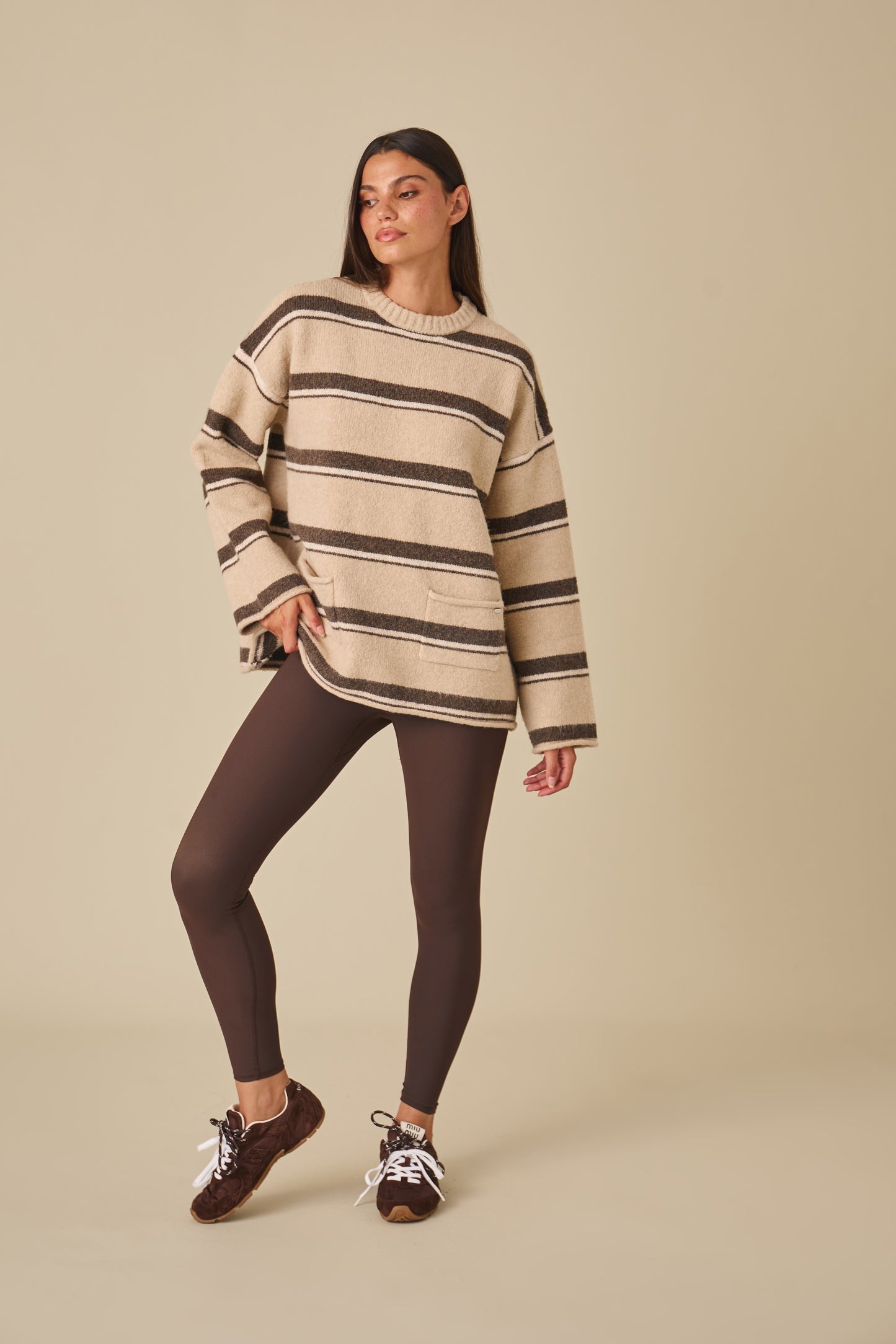 Oversized Stripe Knitted Crew Neck Jumper - Oatmeal