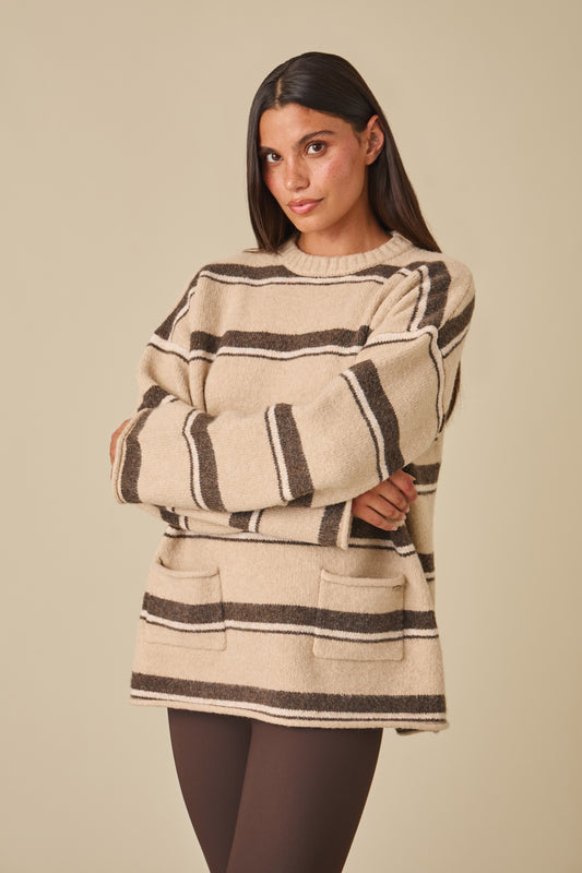 Oversized Stripe Knitted Crew Neck Jumper - Oatmeal