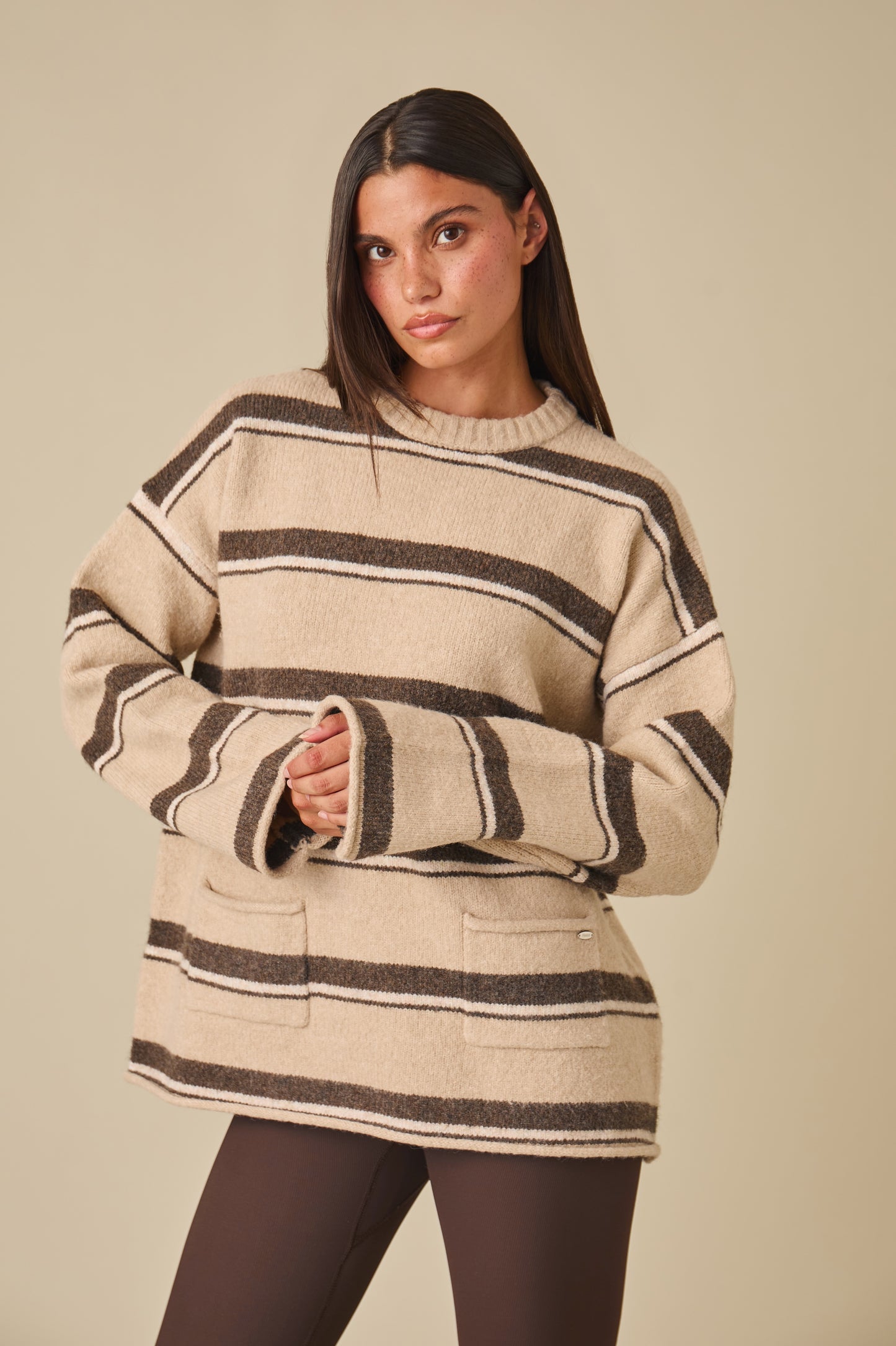 Oversized Stripe Knitted Crew Neck Jumper - Oatmeal