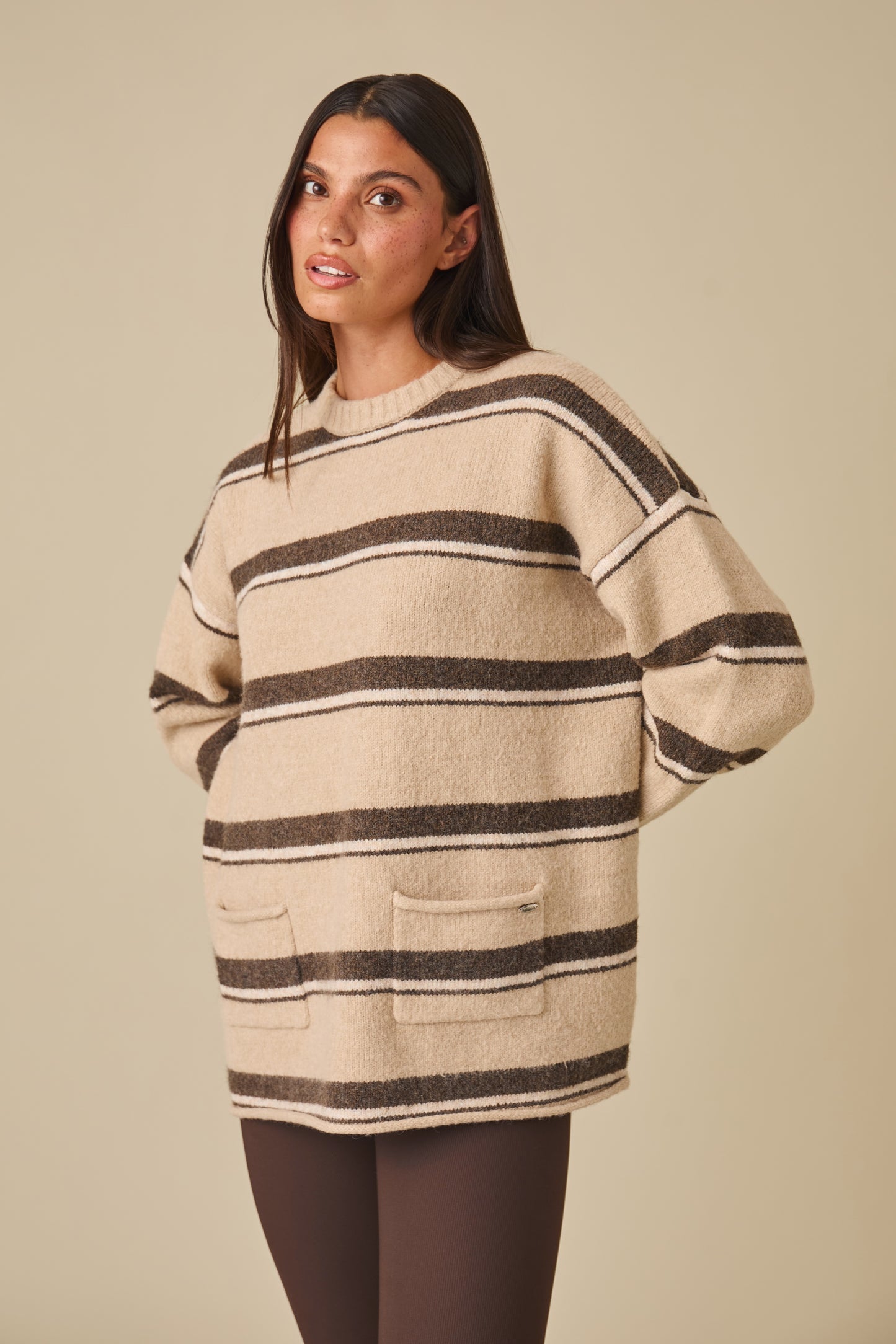Oversized Stripe Knitted Crew Neck Jumper - Oatmeal