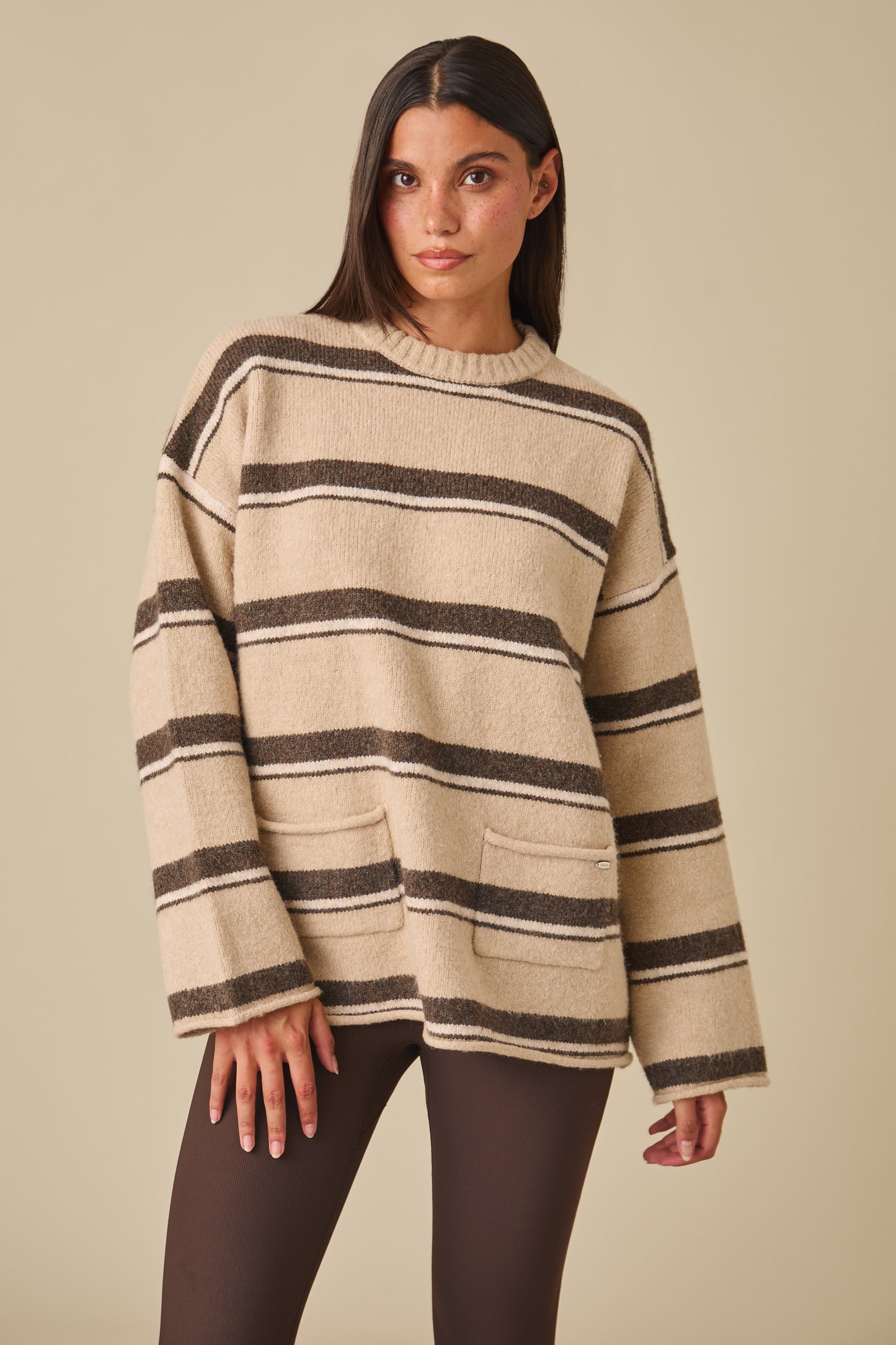Oversized Stripe Knitted Crew Neck Jumper - Oatmeal