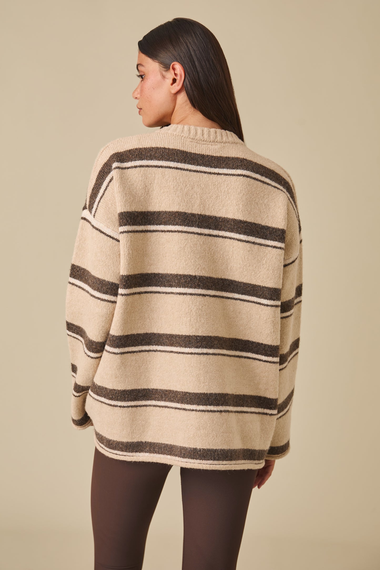 Oversized Stripe Knitted Crew Neck Jumper - Oatmeal