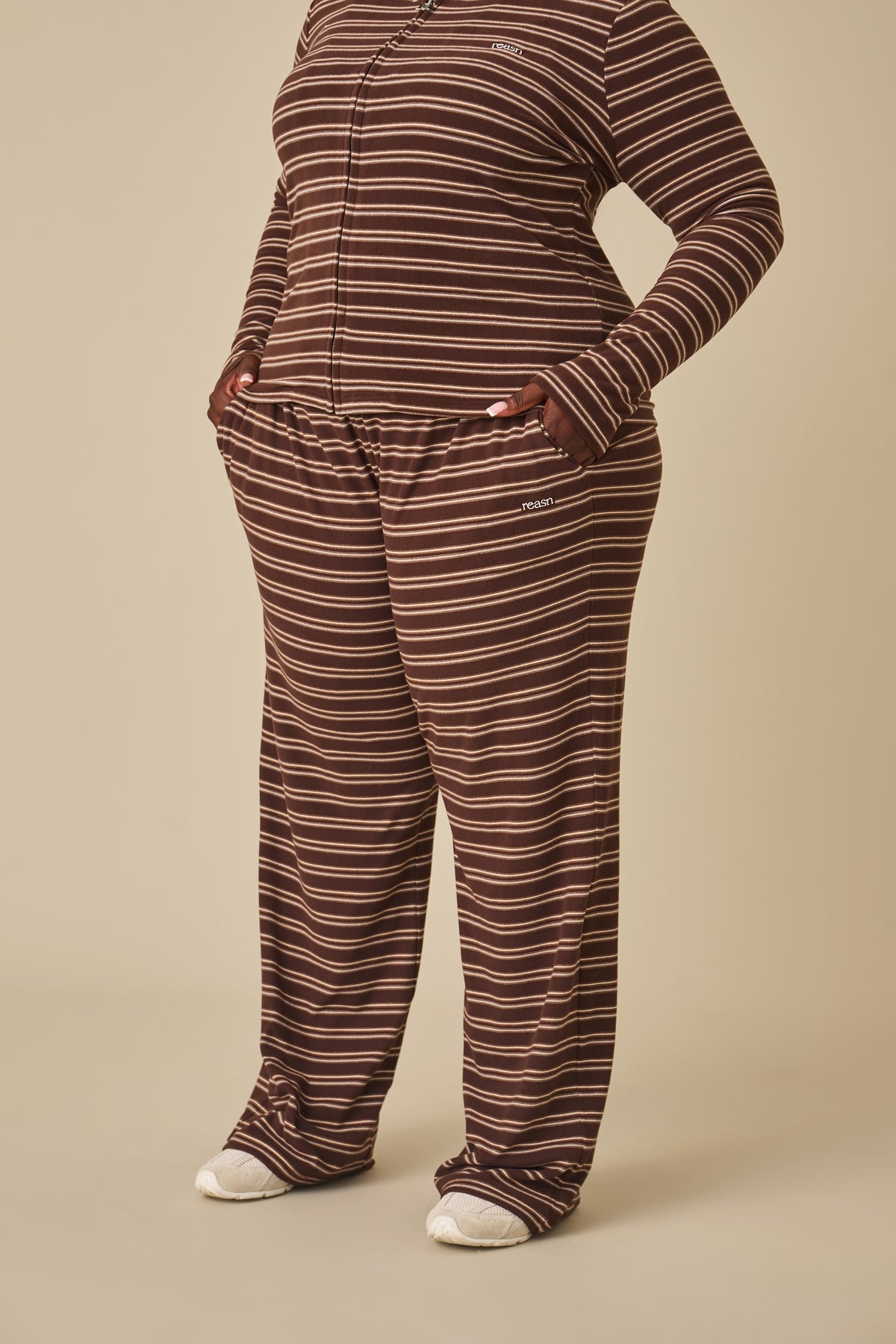 Fleece Stripe High Waist Wide Leg Trousers - Espresso