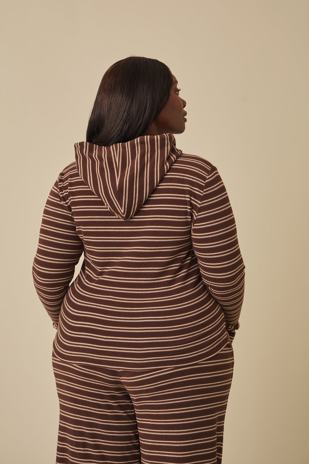 Fleece Stripe Zip Through Hoodie - Espresso