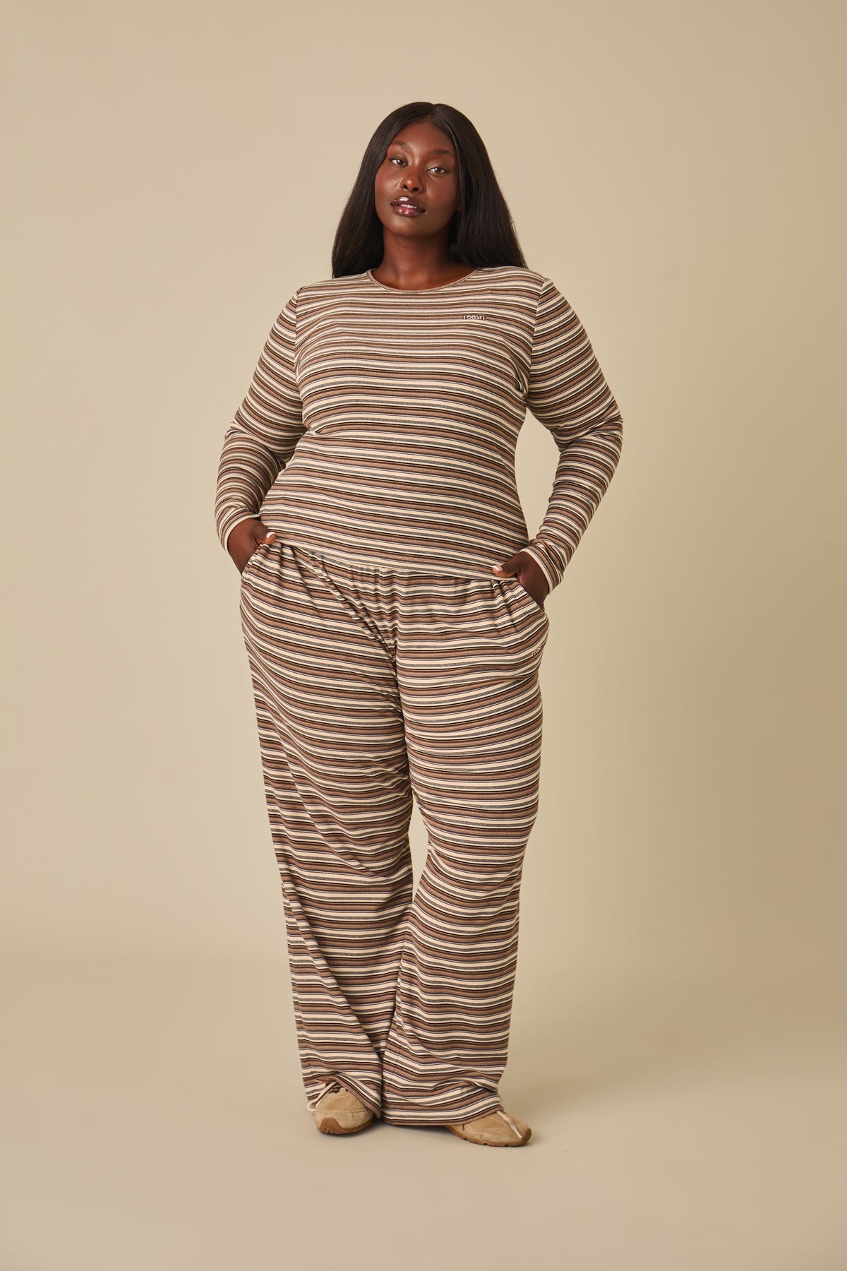 Fleece Stripe Long Sleeve T Shirt - Latte