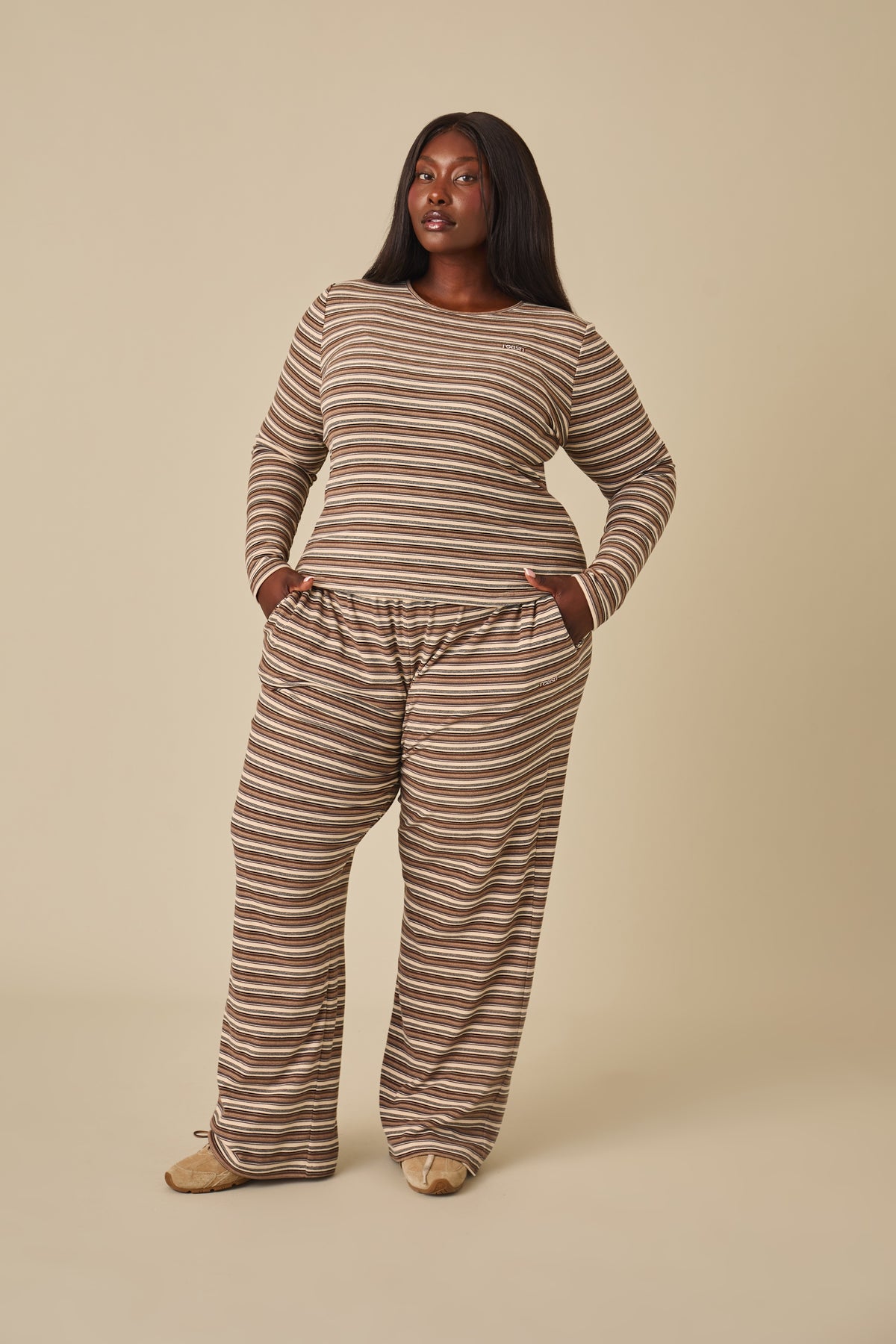 Fleece Stripe High Waist Wide Leg Trousers - Latte