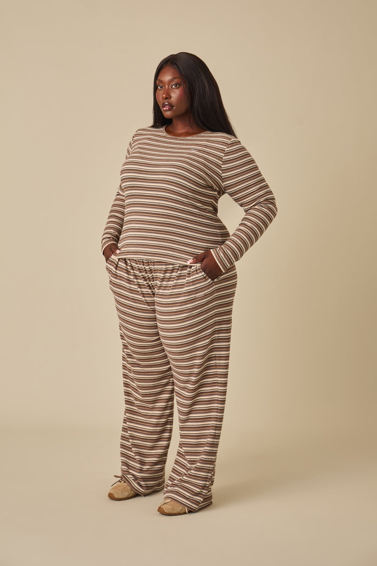 Fleece Stripe High Waist Wide Leg Trousers - Latte