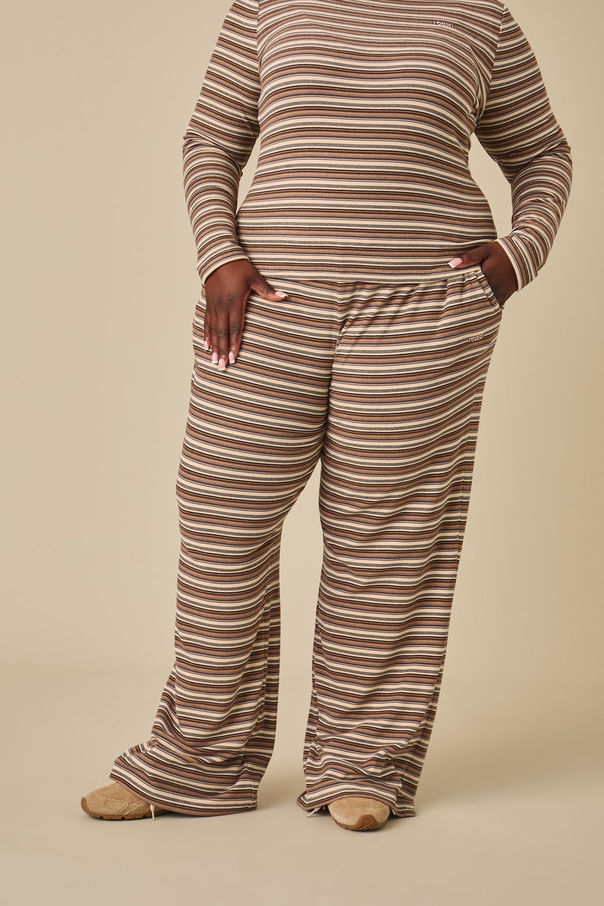 Fleece Stripe High Waist Wide Leg Trousers - Latte