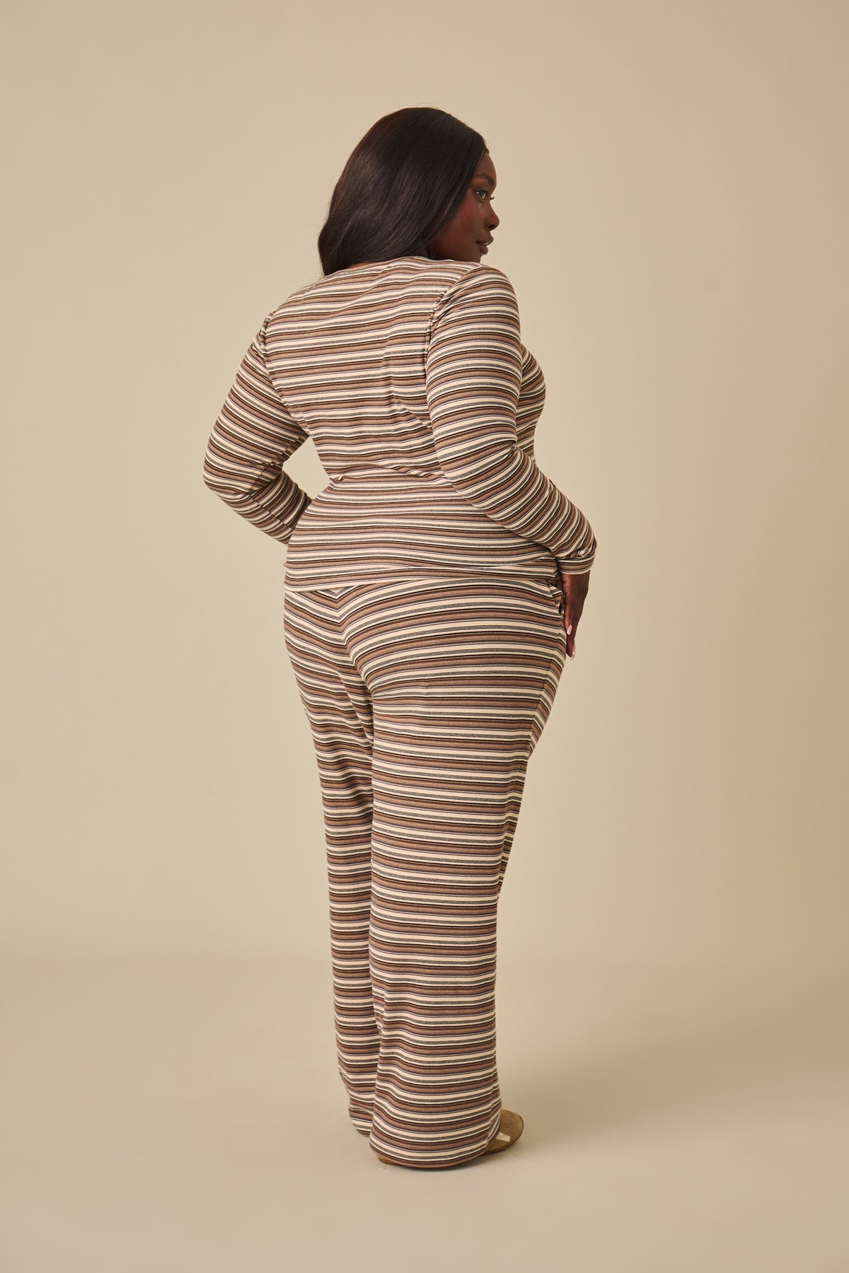 Fleece Stripe High Waist Wide Leg Trousers - Latte
