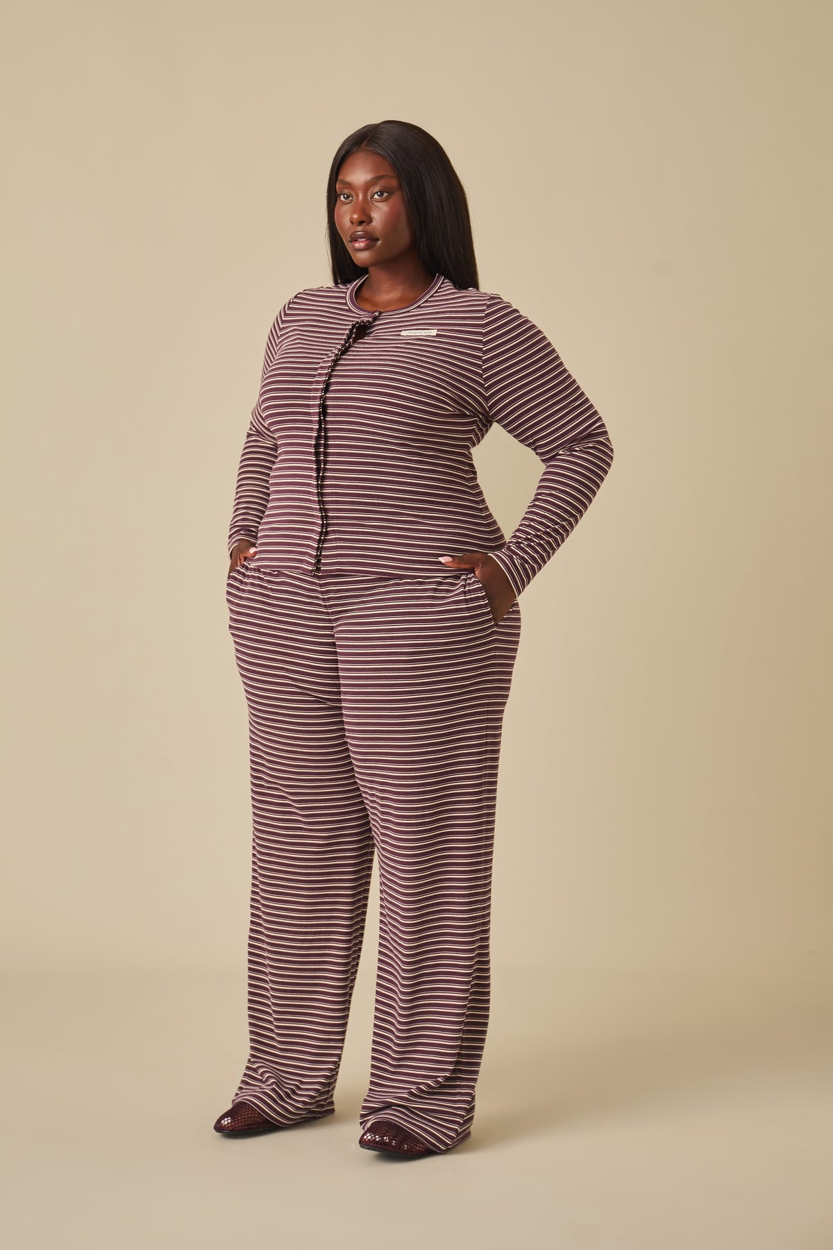 Fleece Stripe High Waist Wide Leg Trousers - Fig