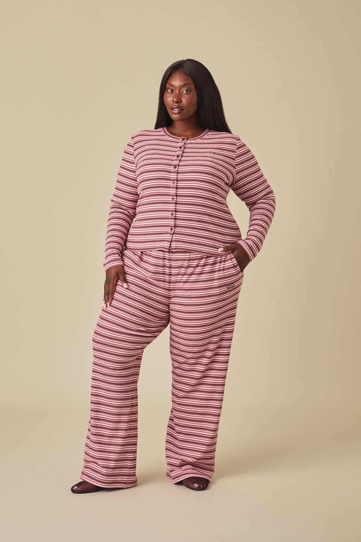 Fleece Stripe High Waist Wide Leg Trousers - Berry Pink