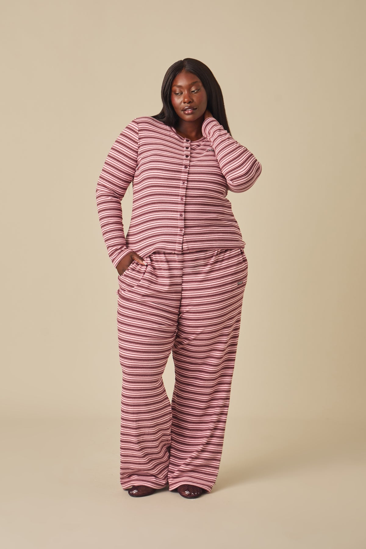Fleece Stripe High Waist Wide Leg Trousers - Berry Pink