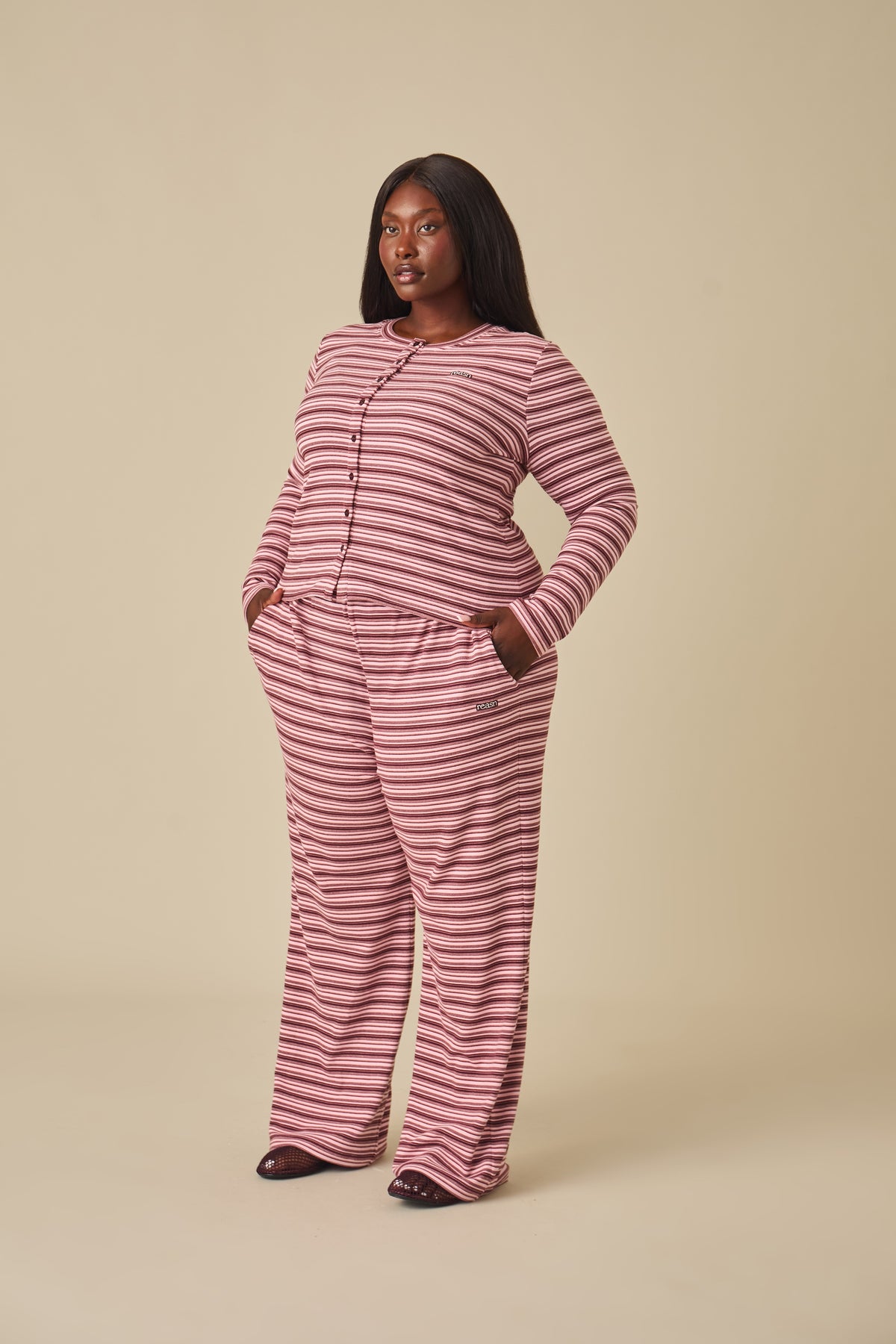 Fleece Stripe High Waist Wide Leg Trousers - Berry Pink