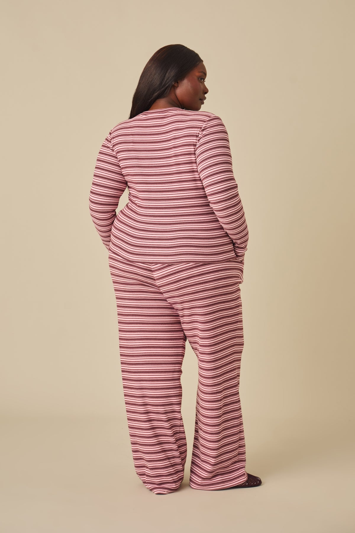 Fleece Stripe High Waist Wide Leg Trousers - Berry Pink