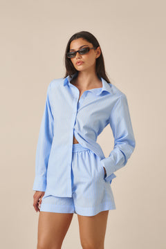 Cotton Poplin High Waist Shorts - Powder Blue
