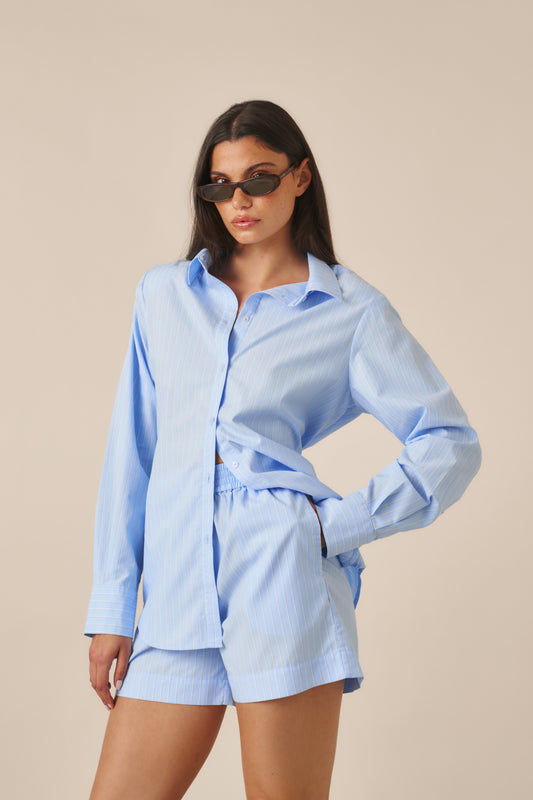 Cotton Poplin Stripe Shirt - Powder Blue