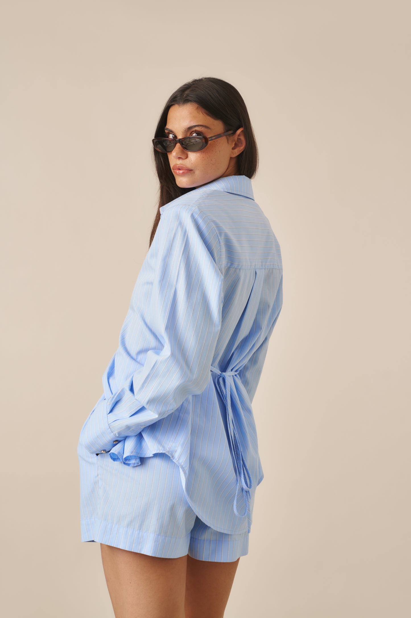 Cotton Poplin High Waist Shorts - Powder Blue