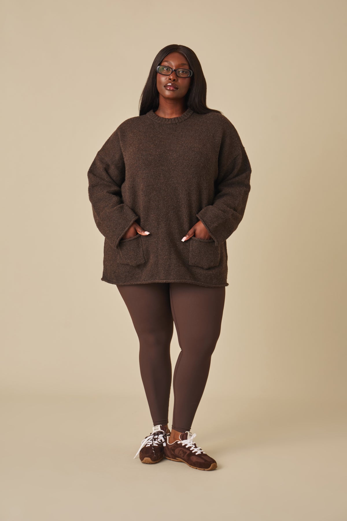 Oversized Knitted Crew Neck Jumper - Espresso