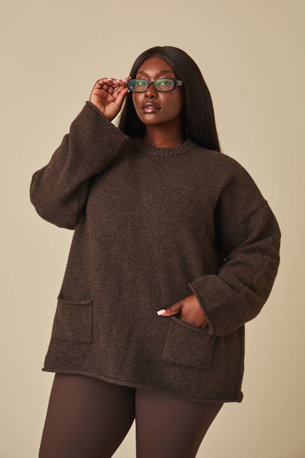 Oversized Knitted Crew Neck Jumper - Espresso