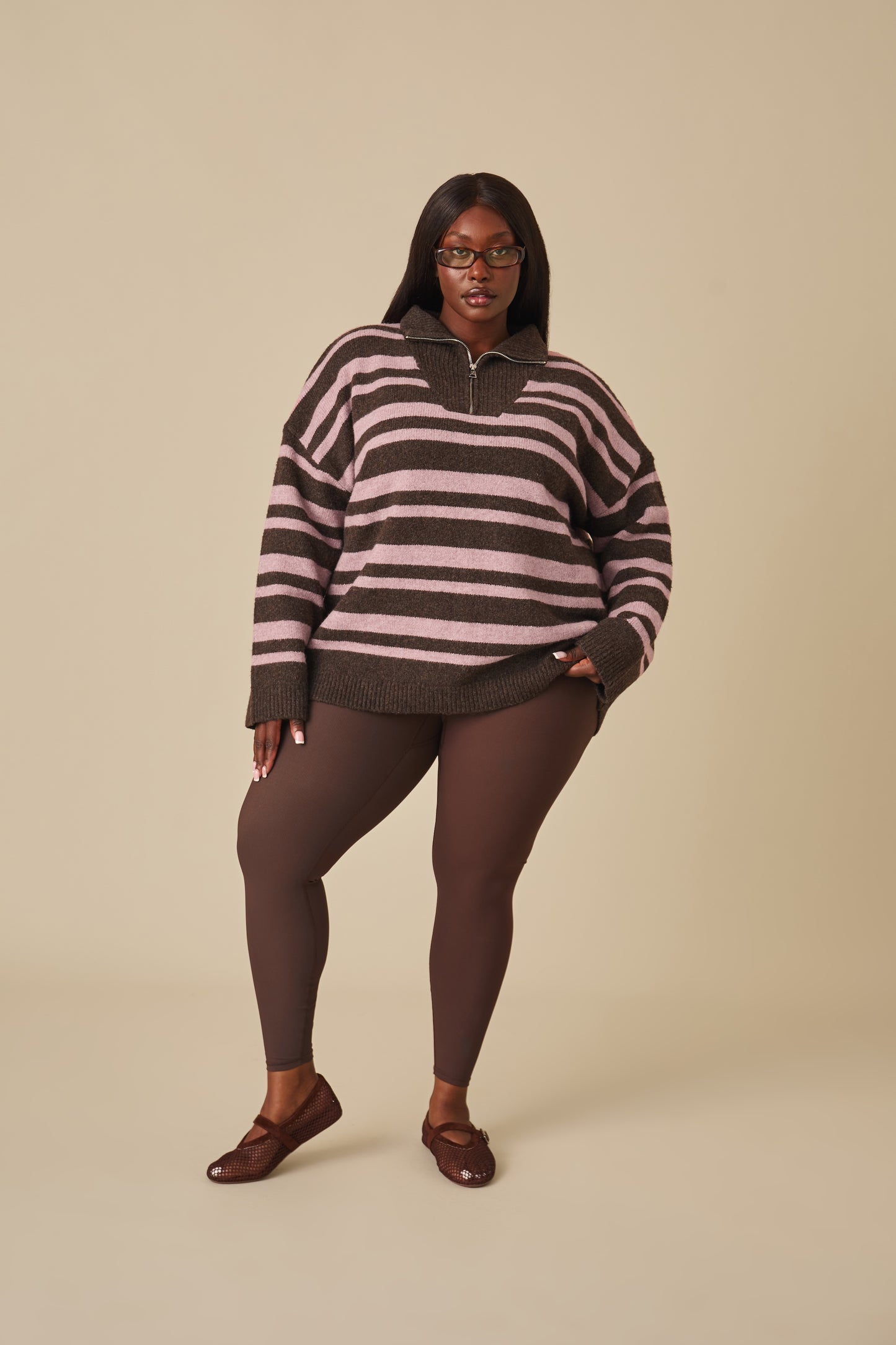 Oversized Stripe Quarter Zip Knitted Jumper - Vintage Pink