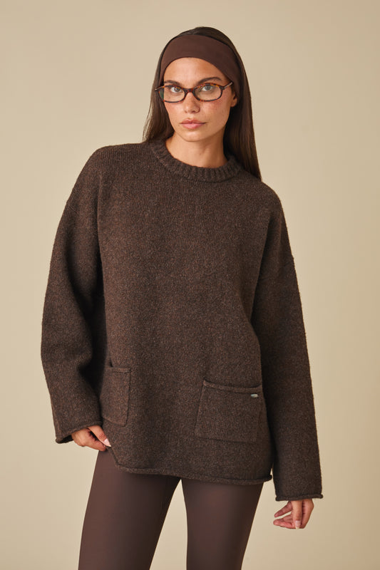 Oversized Knitted Crew Neck Jumper - Espresso
