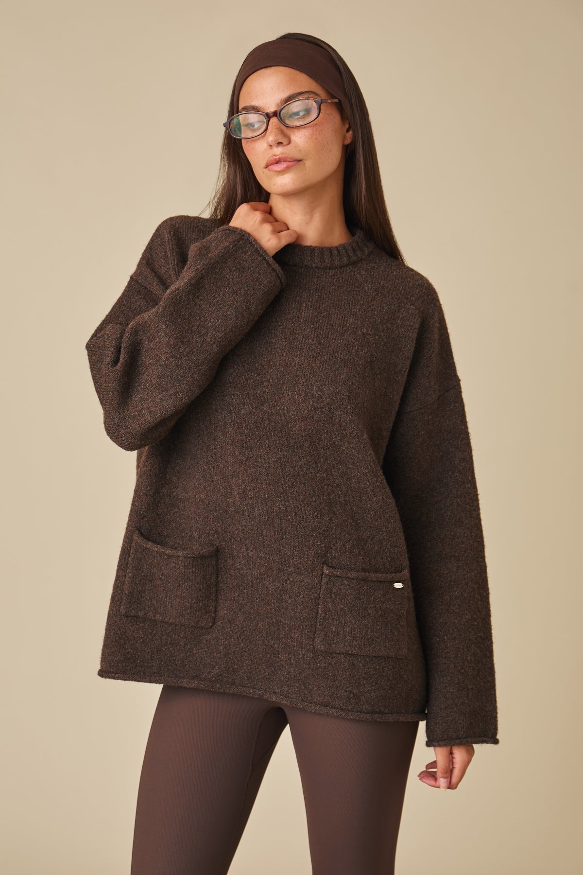Oversized Knitted Crew Neck Jumper - Espresso