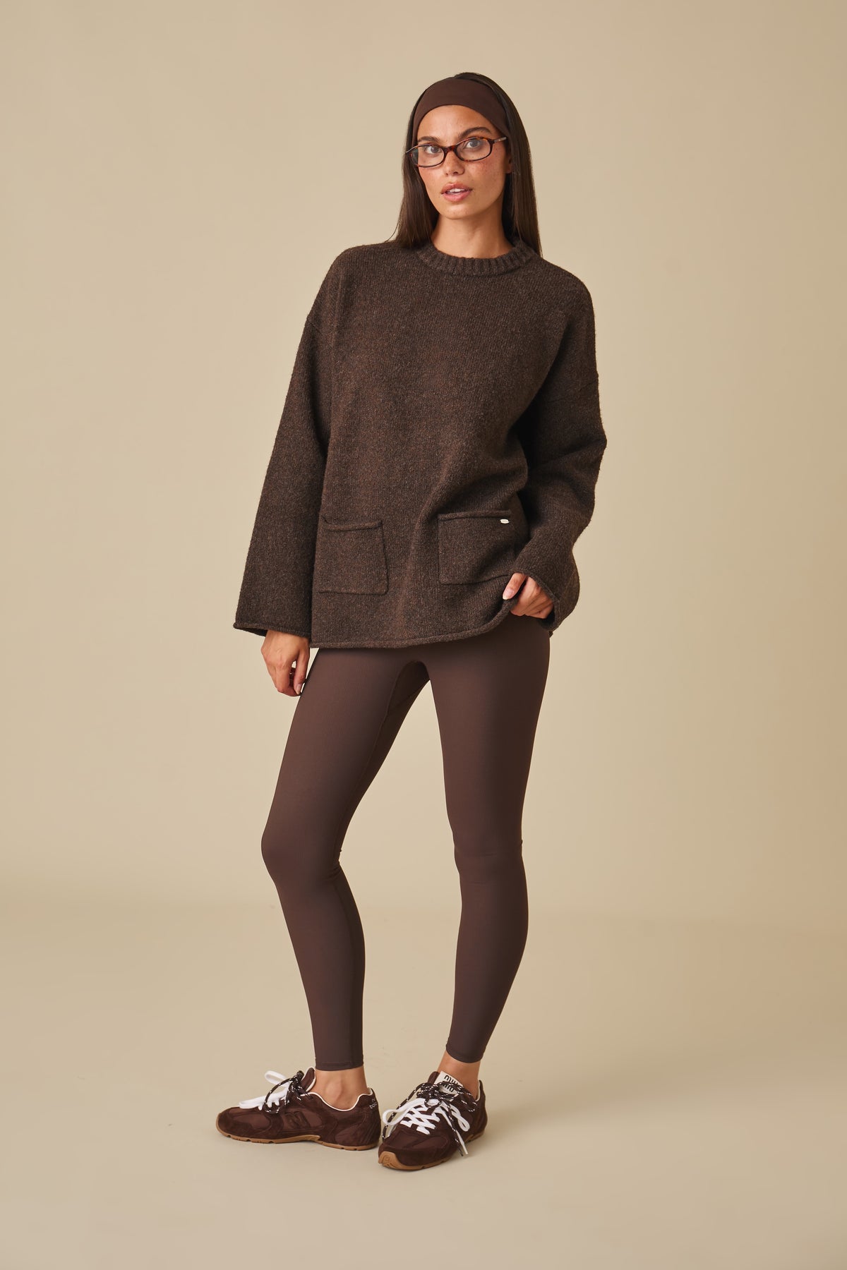 Oversized Knitted Crew Neck Jumper - Espresso