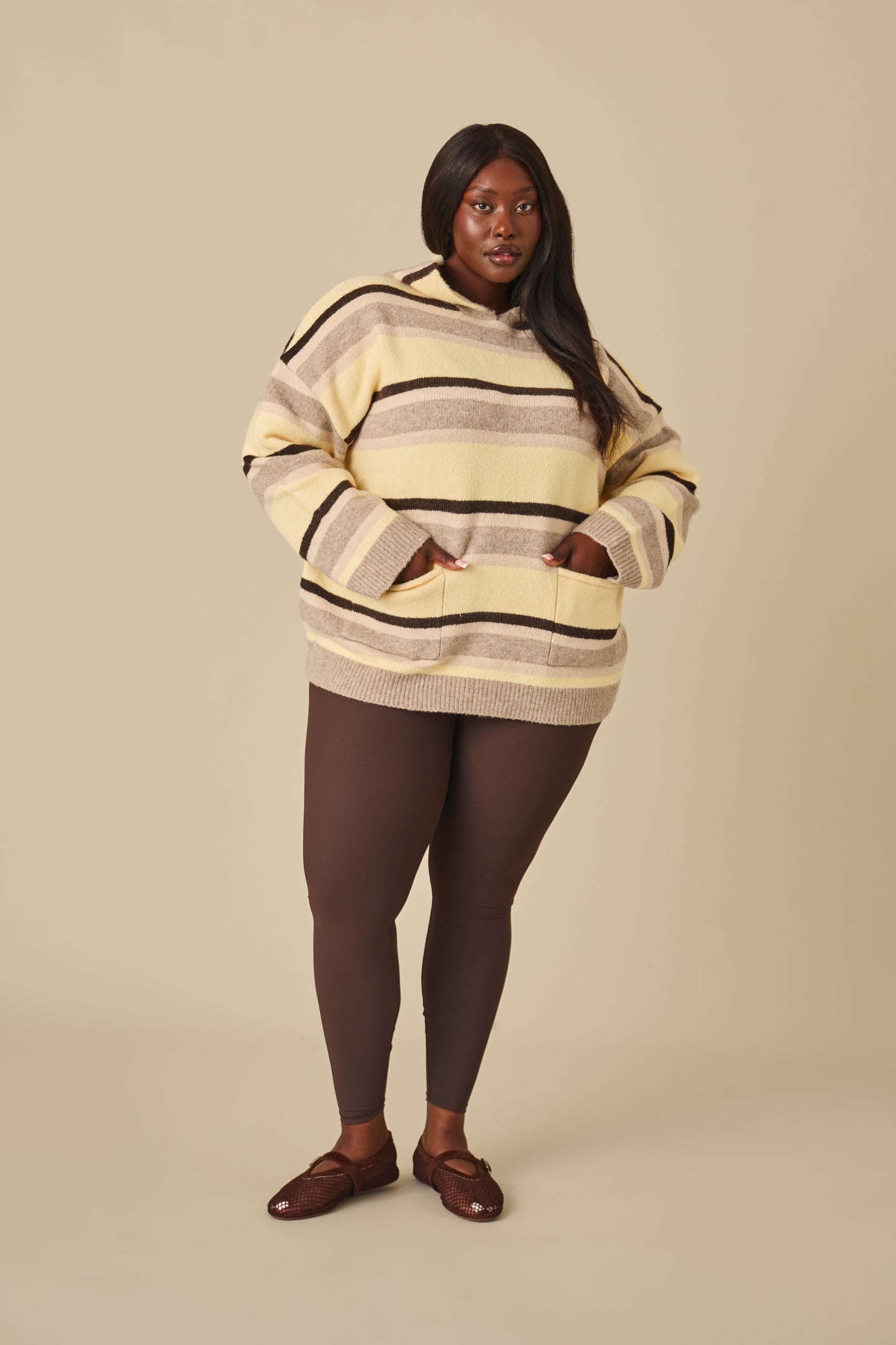 Stripe Oversized Knitted Hoodie - Oatmeal