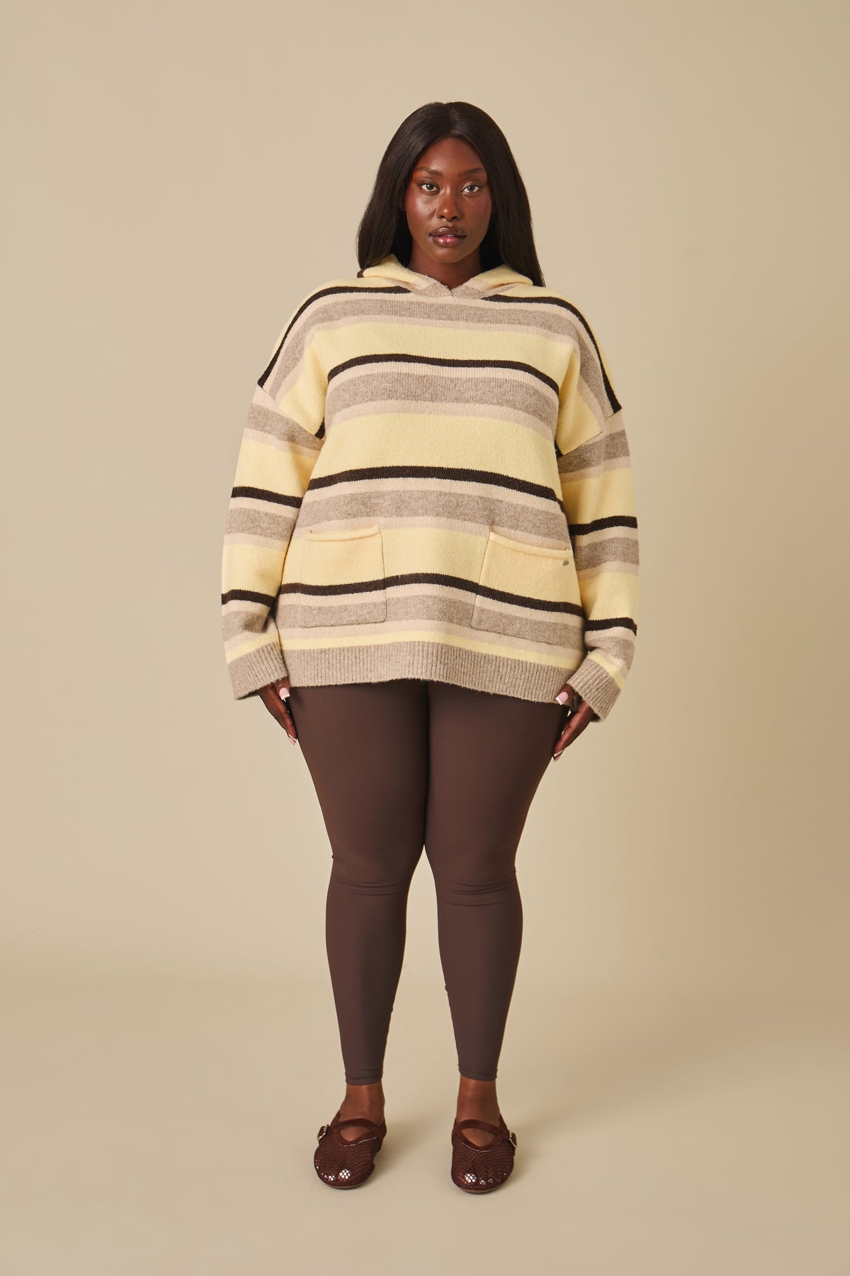 Stripe Oversized Knitted Hoodie - Oatmeal