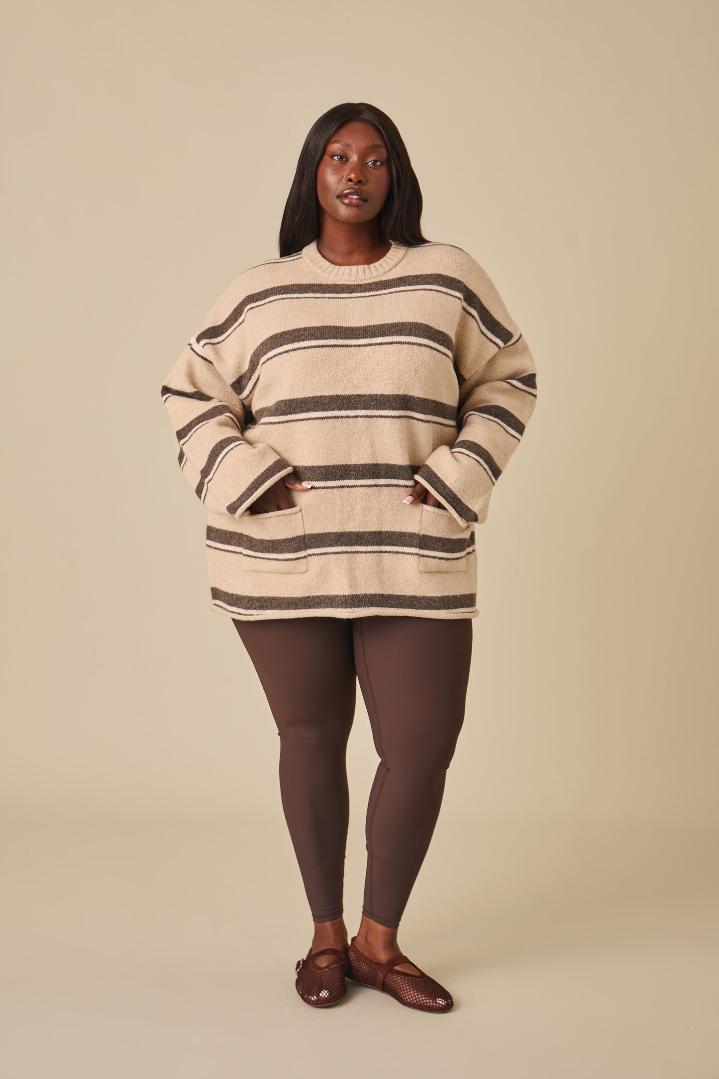 Oversized Stripe Knitted Crew Neck Jumper - Oatmeal