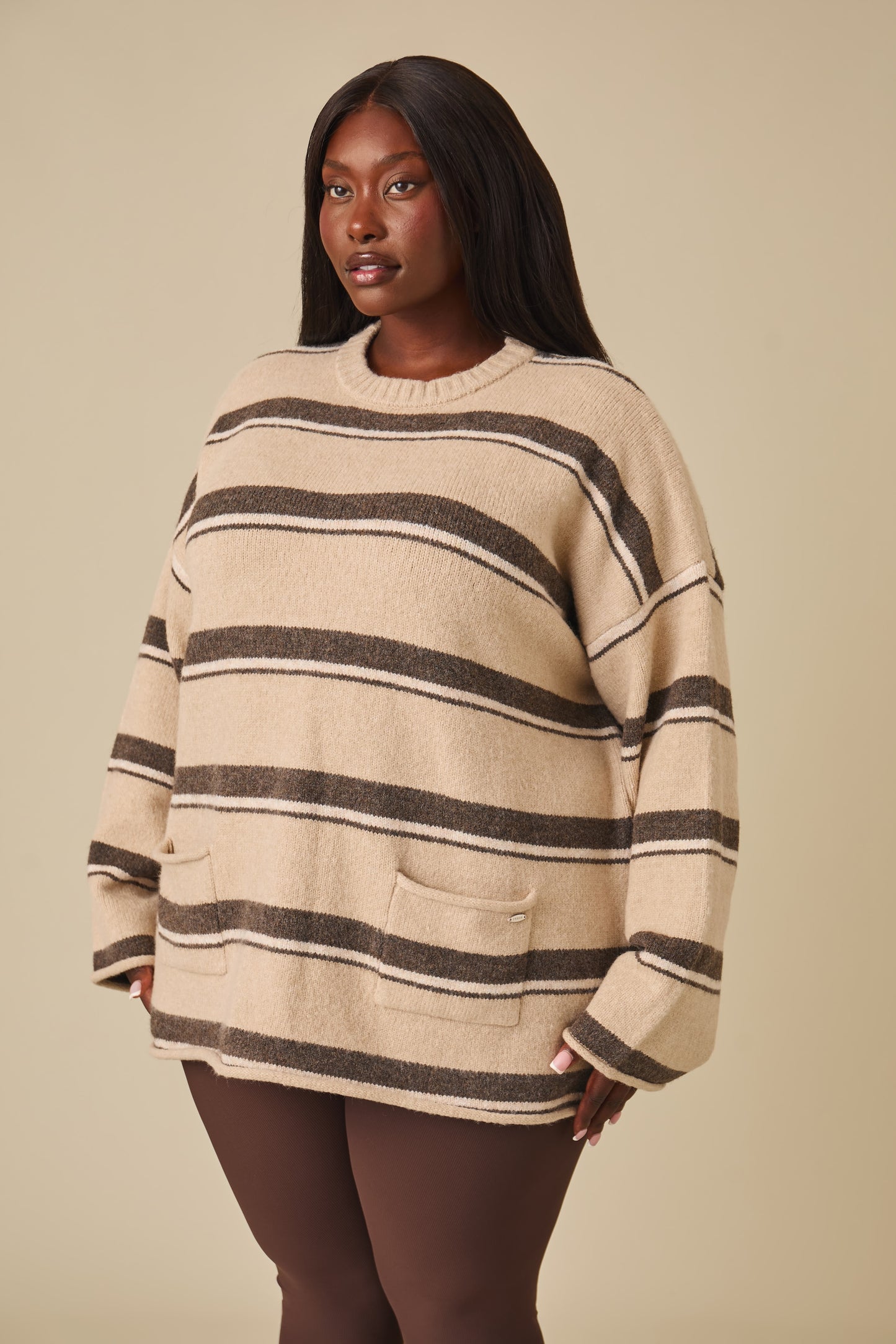 Oversized Stripe Knitted Crew Neck Jumper - Oatmeal