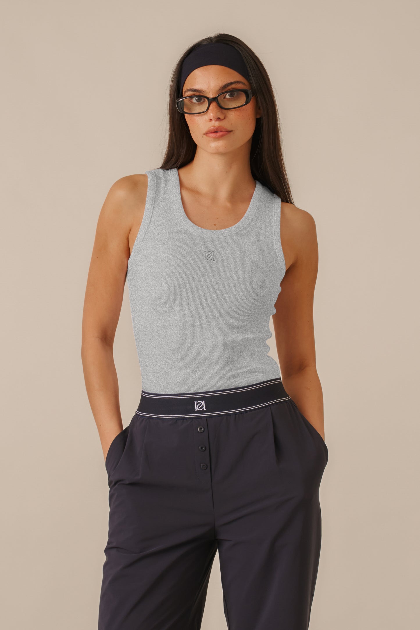 Ribbed Emblem Vest Top - Grey Marl