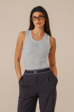 Ribbed Emblem Vest Top - Grey Marl