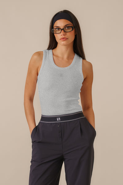 Ribbed Emblem Vest Top - Grey Marl